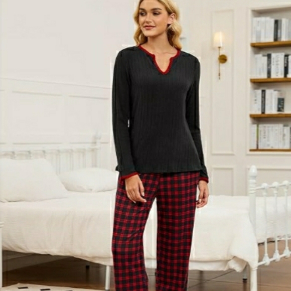 Womens 2 Piece Pajama Sets Fall Ribbed Color Block Lounge Set - Picture 5 of 6